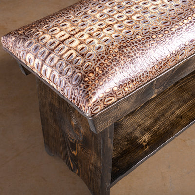 Estancia Regent Embossed Leather Western Bench western bench close-up with croc-embossed top grain leather and dark wood trim