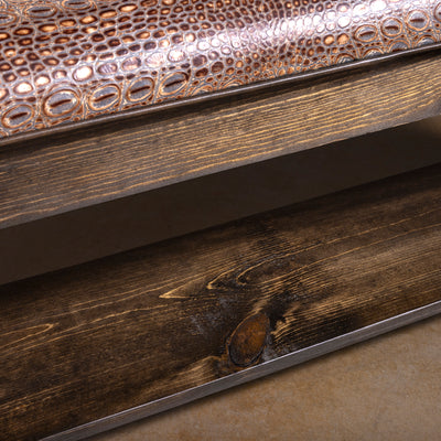 Estancia Regent Embossed Leather Western Bench western bench close-up showing lower shelf, dark wood grain, and leather seat detail