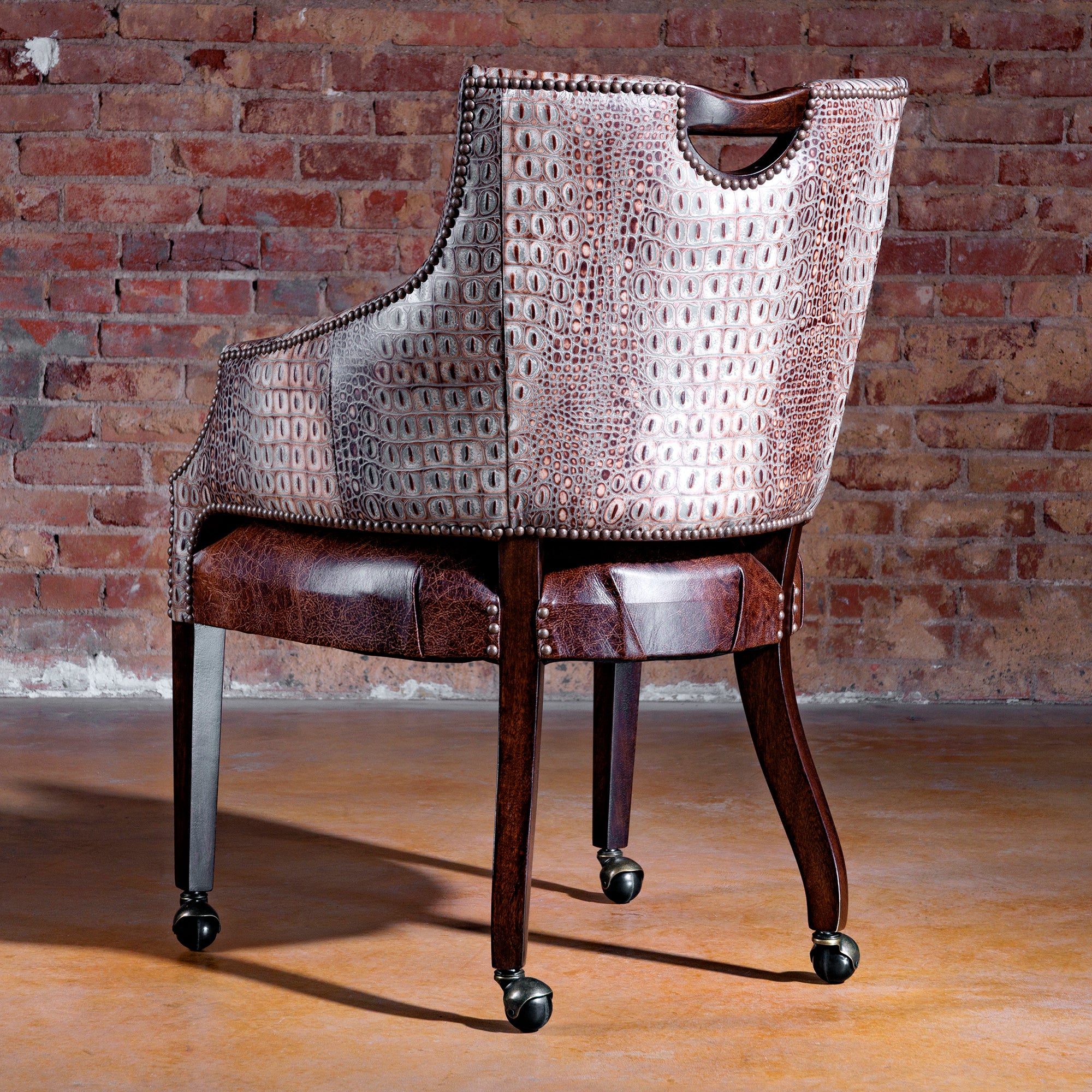 The Gambler’s Mark Western Poker Chair in embossed top-grain leather back view