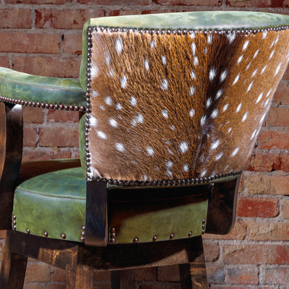 Back view showcasing axis deer hide panel on bar stool