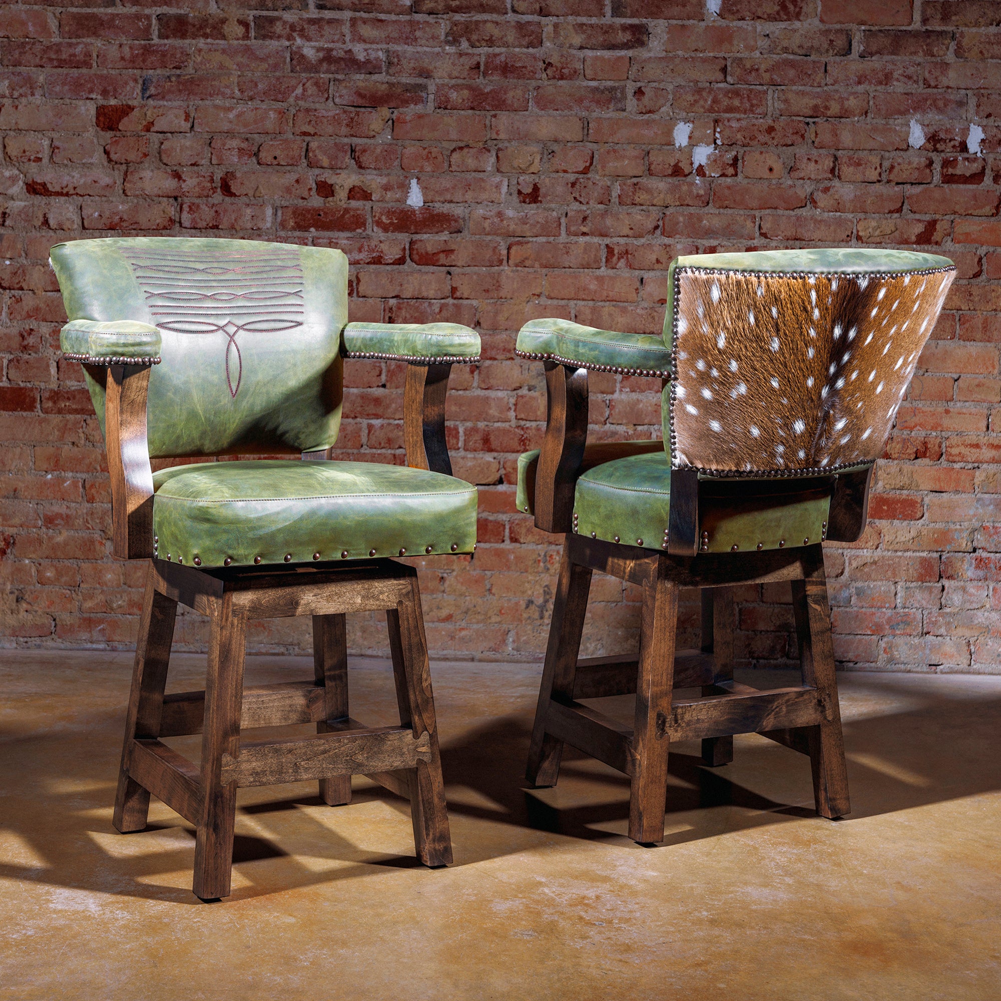 Green Leather & Axis Hide Boot Stitch Chisum Bar Stool