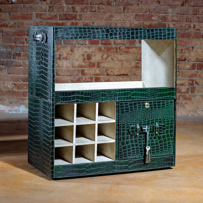 Luxury green crocodile leather bar cart with closed cabinet and tray top