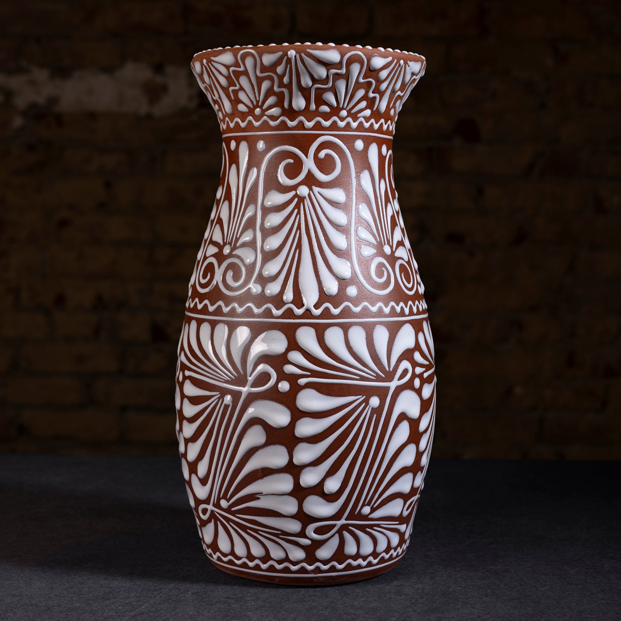 Hacienda Blanca Tall Vase – handcrafted terracotta pottery with white embossed design inspired by Spanish Revival architecture