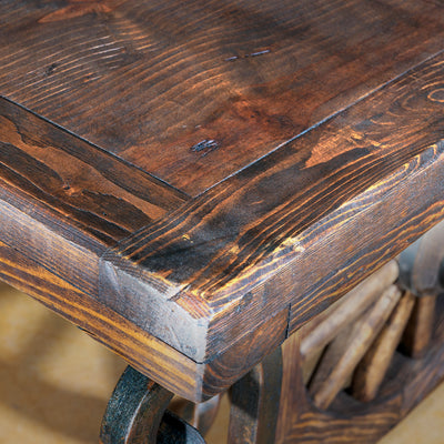Close-up of wood tabletop grain and finish