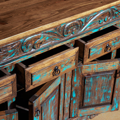 Open drawers and cabinet detail of hand-carved Western turquoise buffet