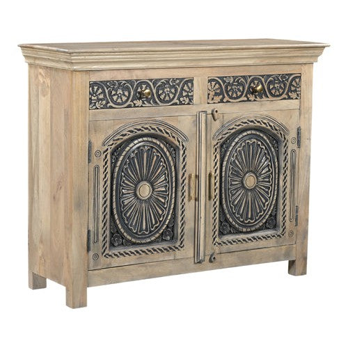 Expertly crafted with beautiful mango wood, this two drawer two door console is both functional and stylish. The intricate hand-carved design adds a touch of elegance to any room. With a pebble beige and black finish, this console is a versatile addition to your home decor.