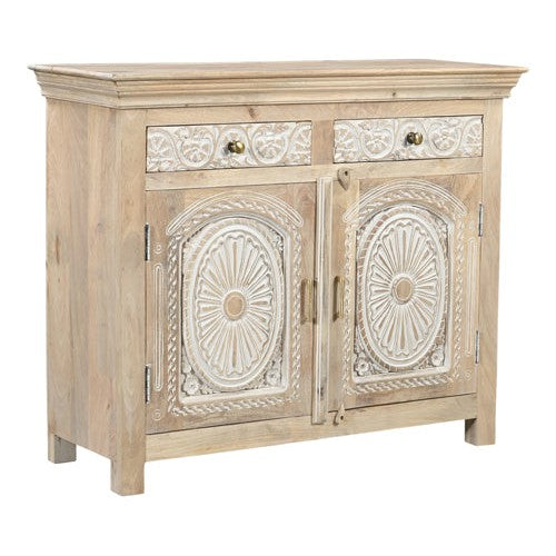 Expertly crafted with beautiful mango wood, this two drawer two door console is both functional and stylish. The intricate hand-carved design adds a touch of elegance to any room. With a pebble beige and white finish, this console is a versatile addition to your home decor.