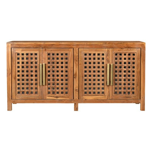 Expertly crafted from natural teak wood, the Hanna 4-door sideboard showcases a unique and elegant design. With its sturdy construction and natural aesthetic, this sideboard offers both practical storage and a touch of sophistication to any room.