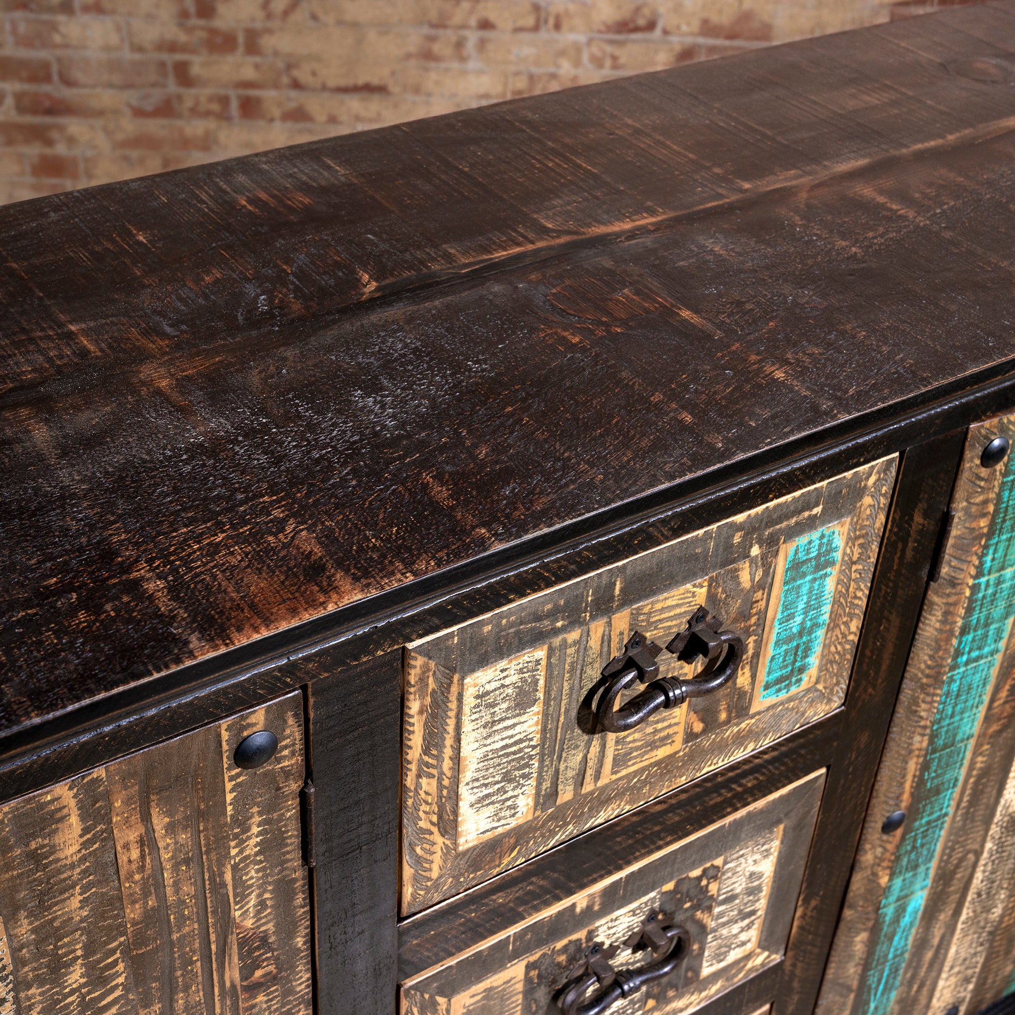 Top surface of High Desert Hacienda Buffet showcasing rustic hand-hewn wood grain