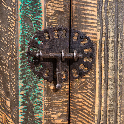 Forged-iron latch close-up on High Desert Hacienda Buffet handcrafted western design