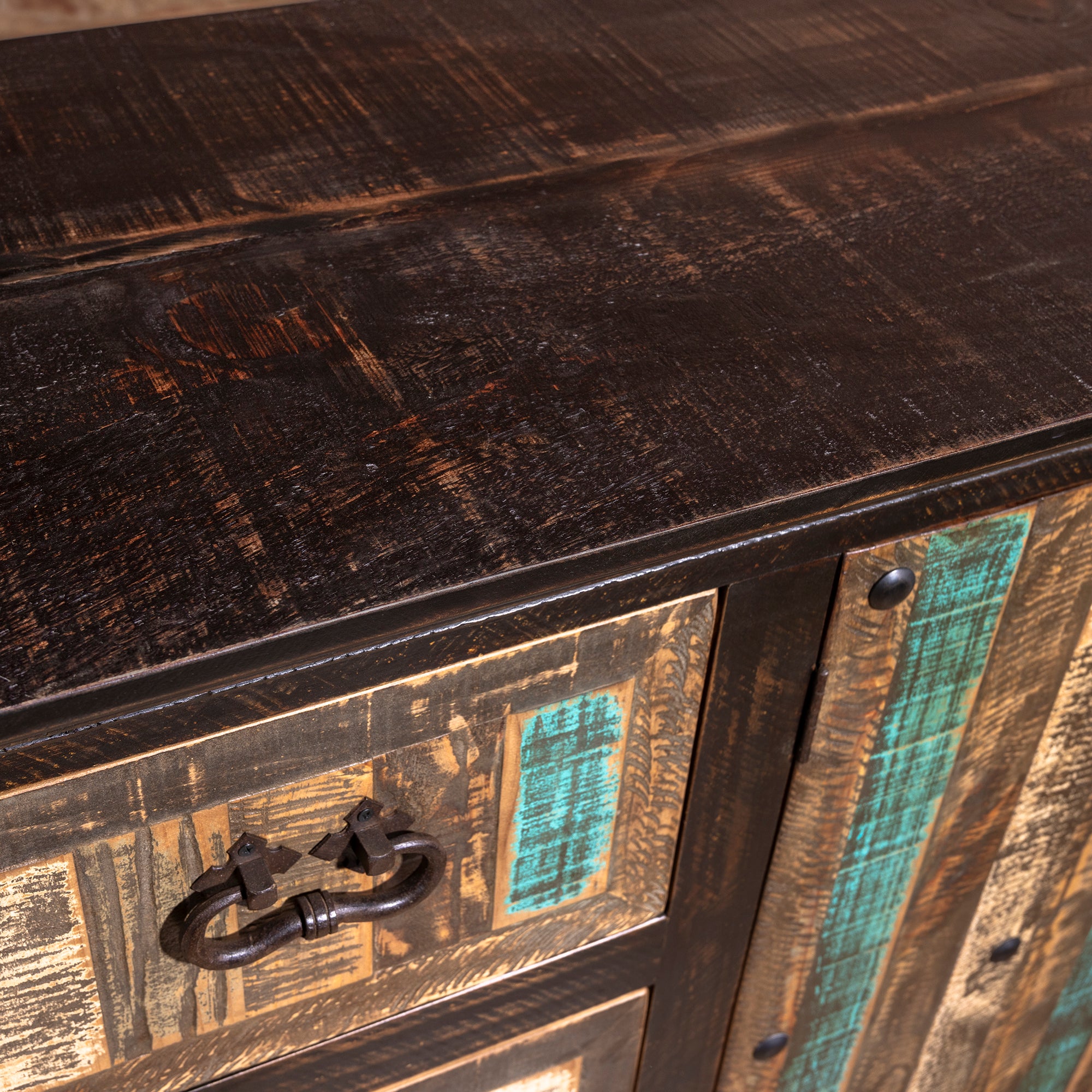Top surface of High Desert Hacienda Buffet showcasing rustic hand-hewn wood grain