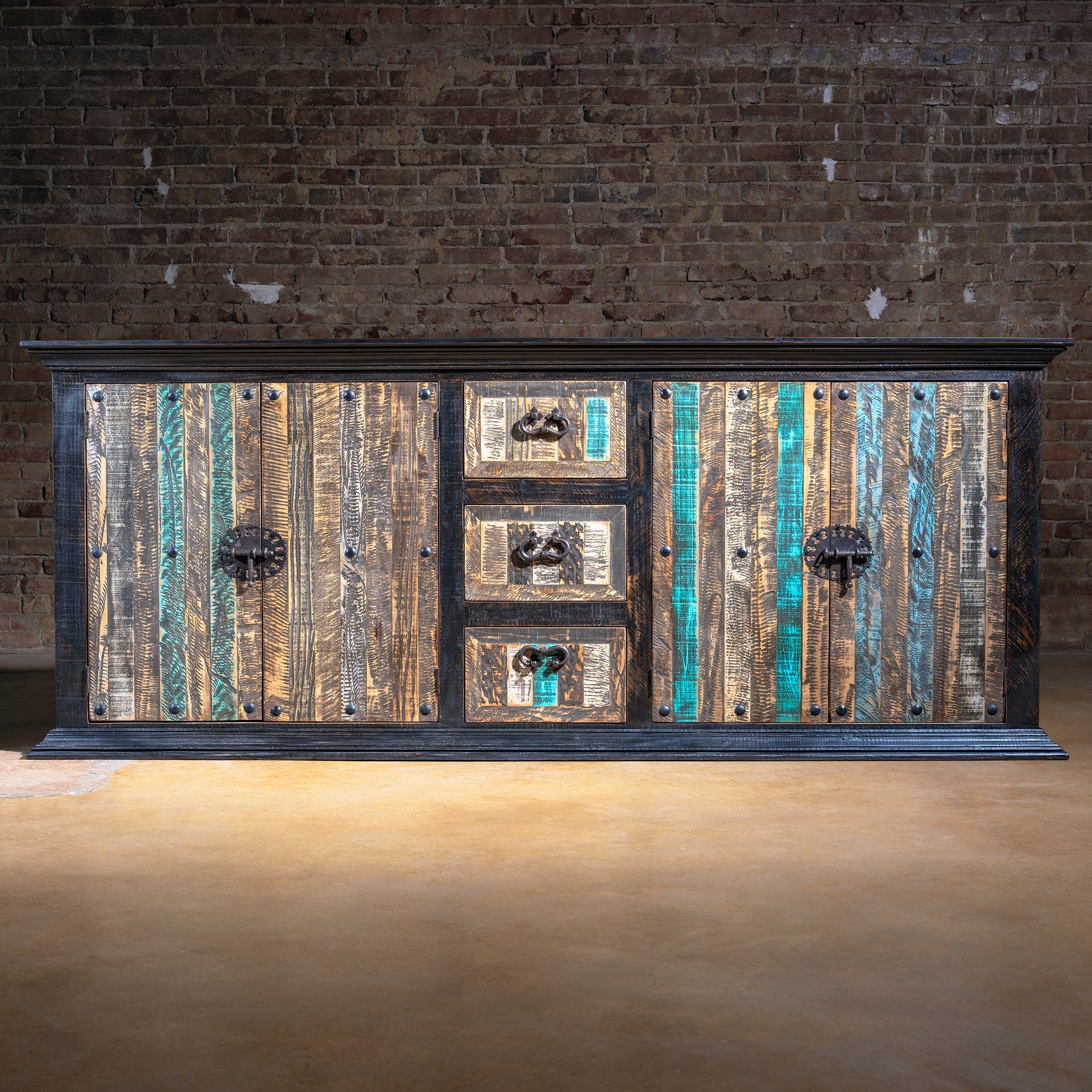 Front view of High Desert Hacienda Buffet showing weathered wood and turquoise panels
