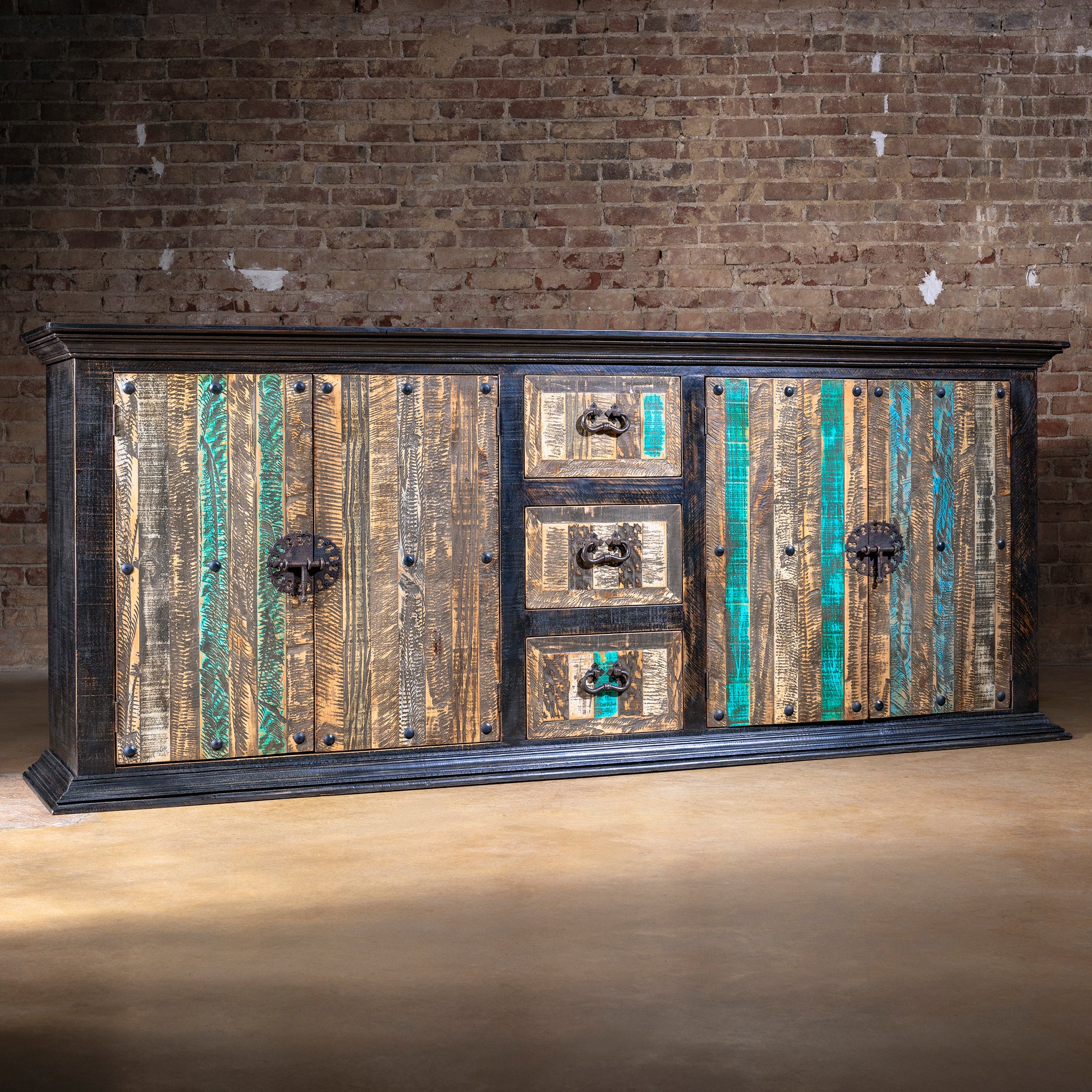 Handcrafted High Desert Hacienda Buffet reclaimed wood and turquoise western sideboard