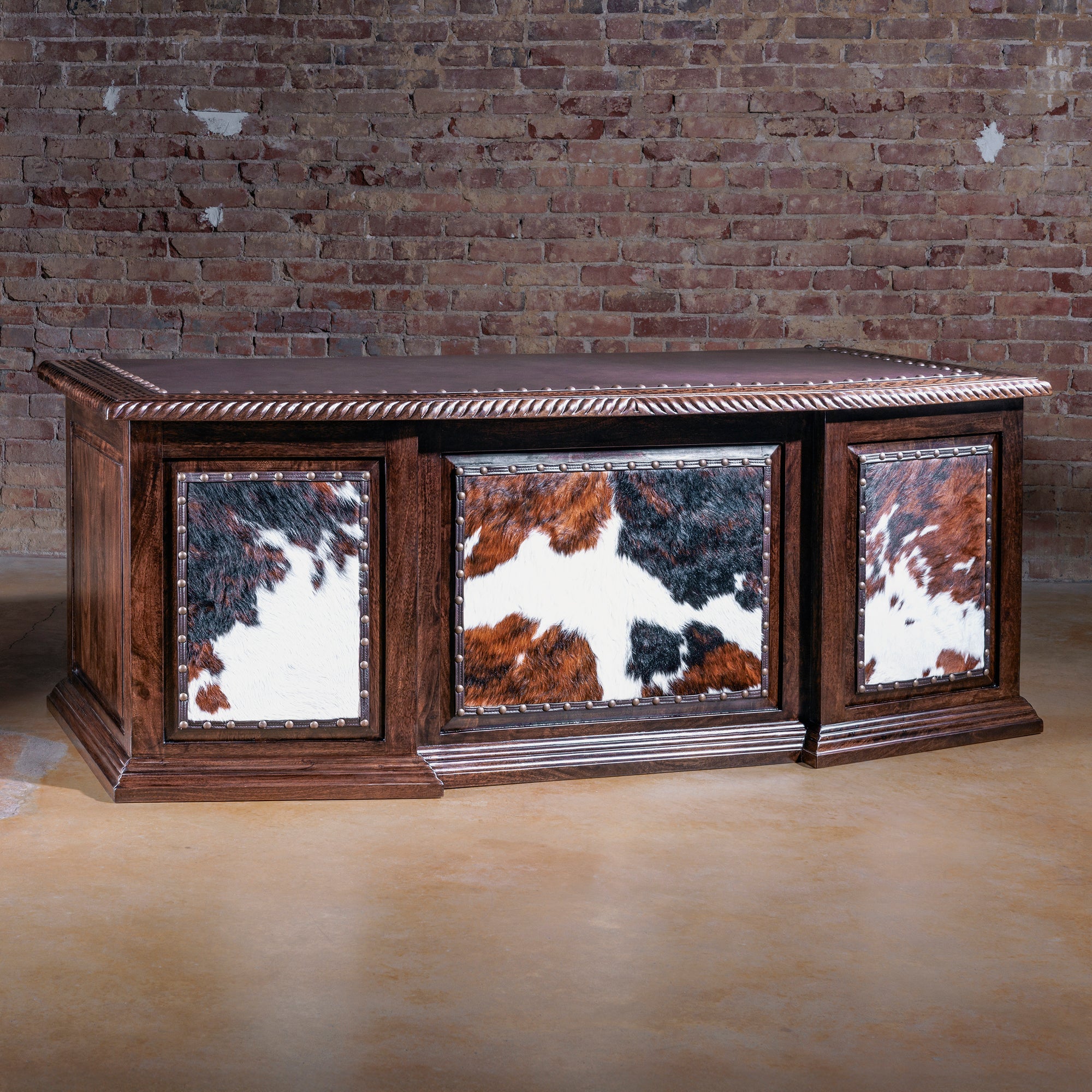 High Plains Western executive desk with cowhide front panels