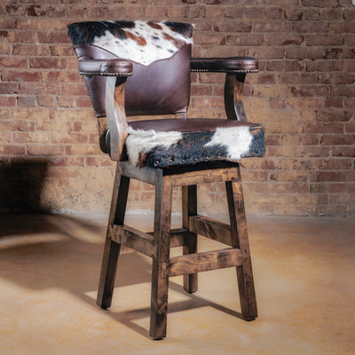 High Plains Luxe Swivel Stool in brown leather and tri-color cowhide, Western swivel bar stool for kitchen island seating.