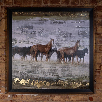 Framed Western horse wall art with metallic accents and painterly texture.