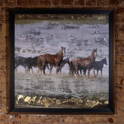 Framed Western horse wall art with metallic accents and painterly texture.