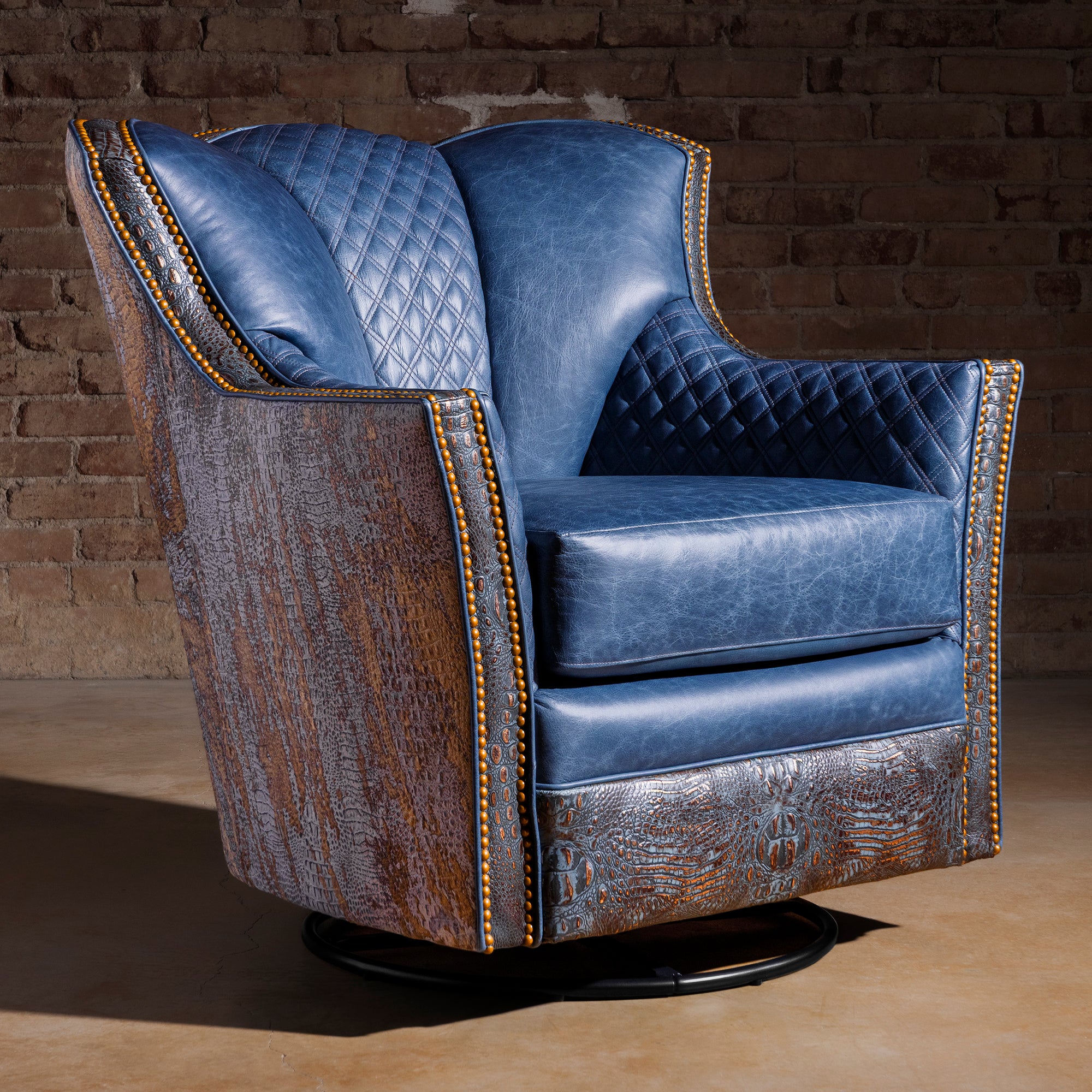 Indigo Canyon Croc Swivel Chair in sky-blue leather with croc accents