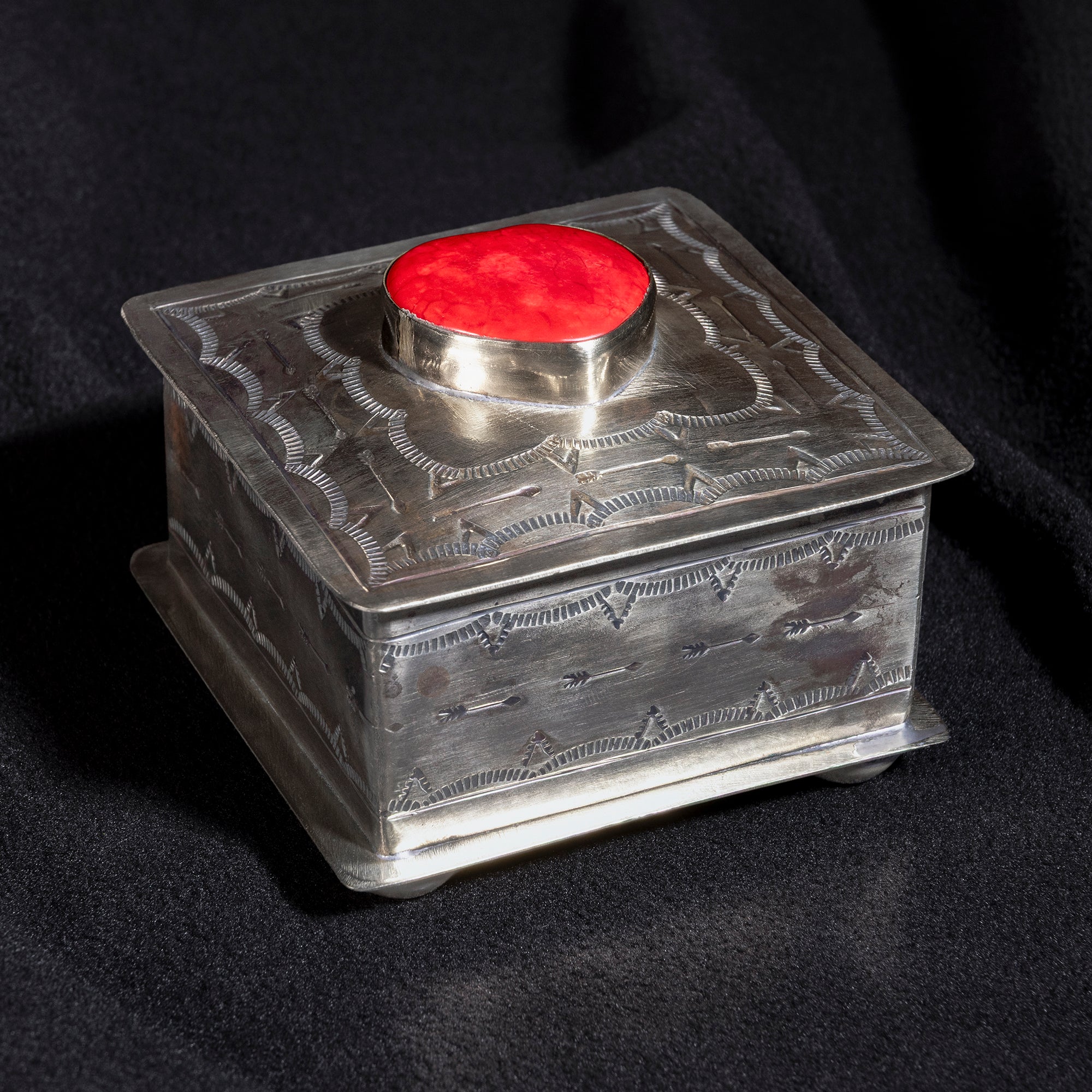 Handmade J. Alexander German silver box with red coral heart cabochon and Western stamped detailing