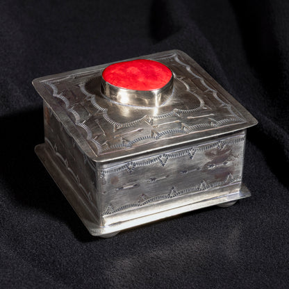 Handmade J. Alexander German silver box with red coral heart cabochon and Western stamped detailing