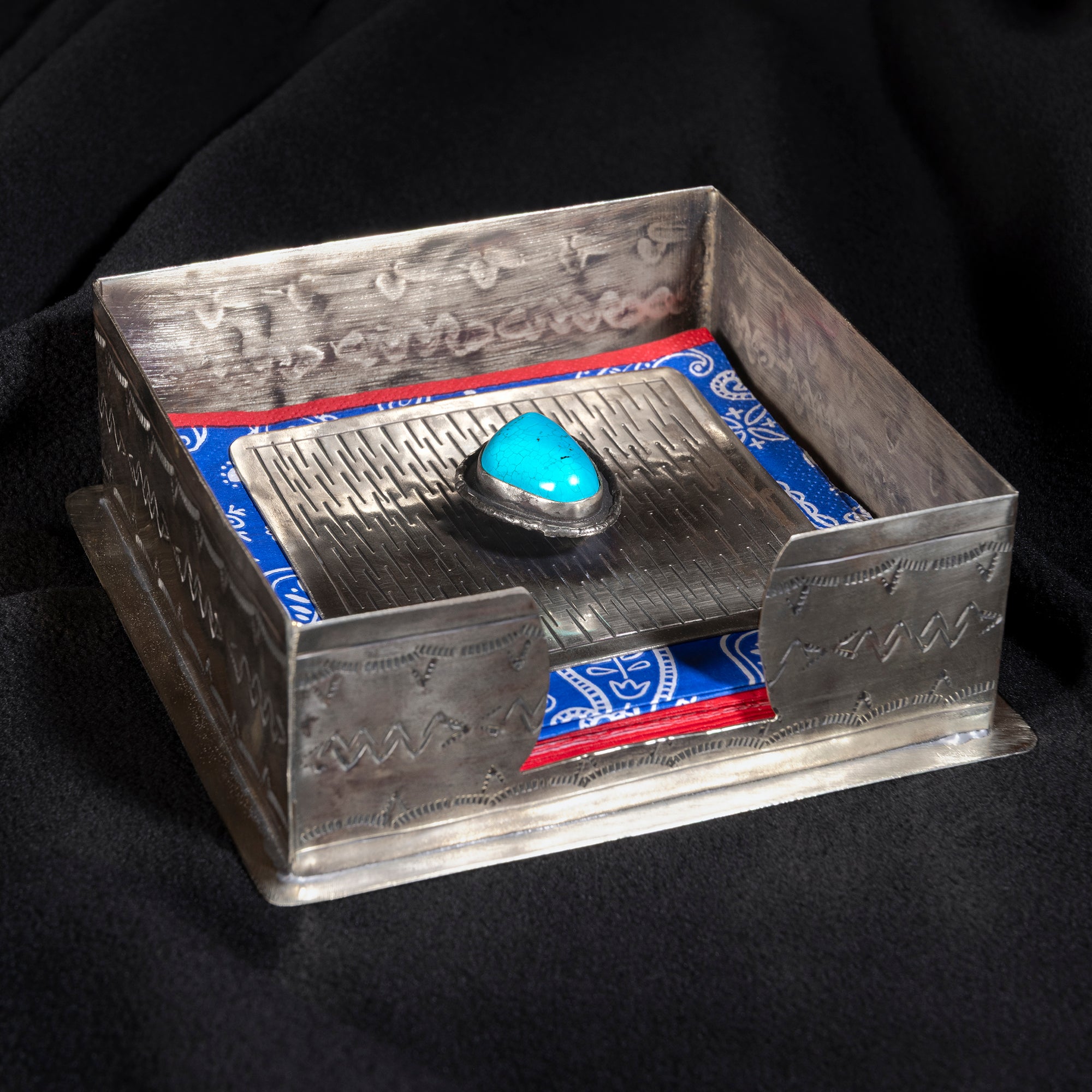 Handcrafted J. Alexander German silver napkin holder with turquoise stone and Western stampwork