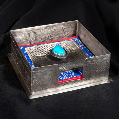 Handcrafted J. Alexander German silver napkin holder with turquoise stone and Western stampwork