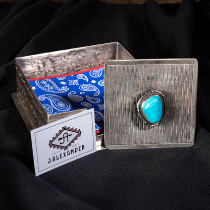 J. Alexander Blue River Napkin Caddy shown with turquoise top and artisan silver craftsmanship