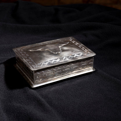 J. Alexander German silver heirloom box with raised longhorn motif and hand-tooled Western detailing
