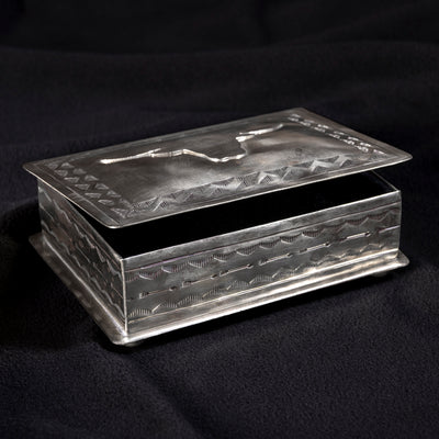 Open J. Alexander German silver longhorn heirloom box with hinged lid and velvet-lined interior