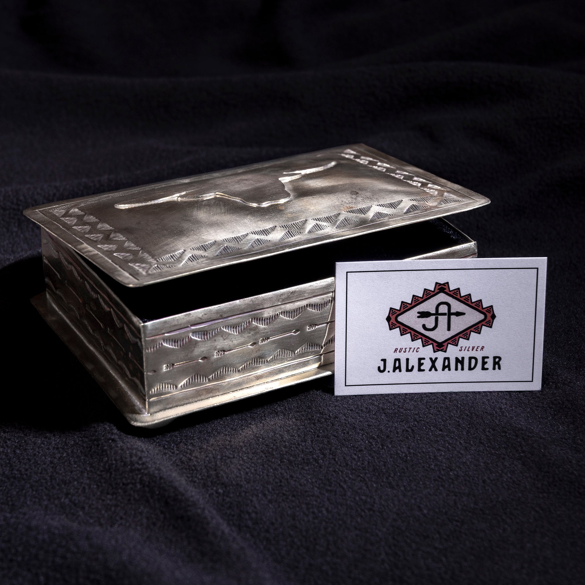 J. Alexander longhorn heirloom box with maker’s card showing handmade Western silver craftsmanship