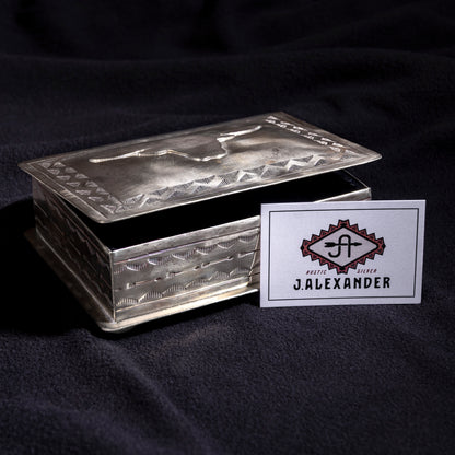 J. Alexander longhorn heirloom box with maker’s card showing handmade Western silver craftsmanship