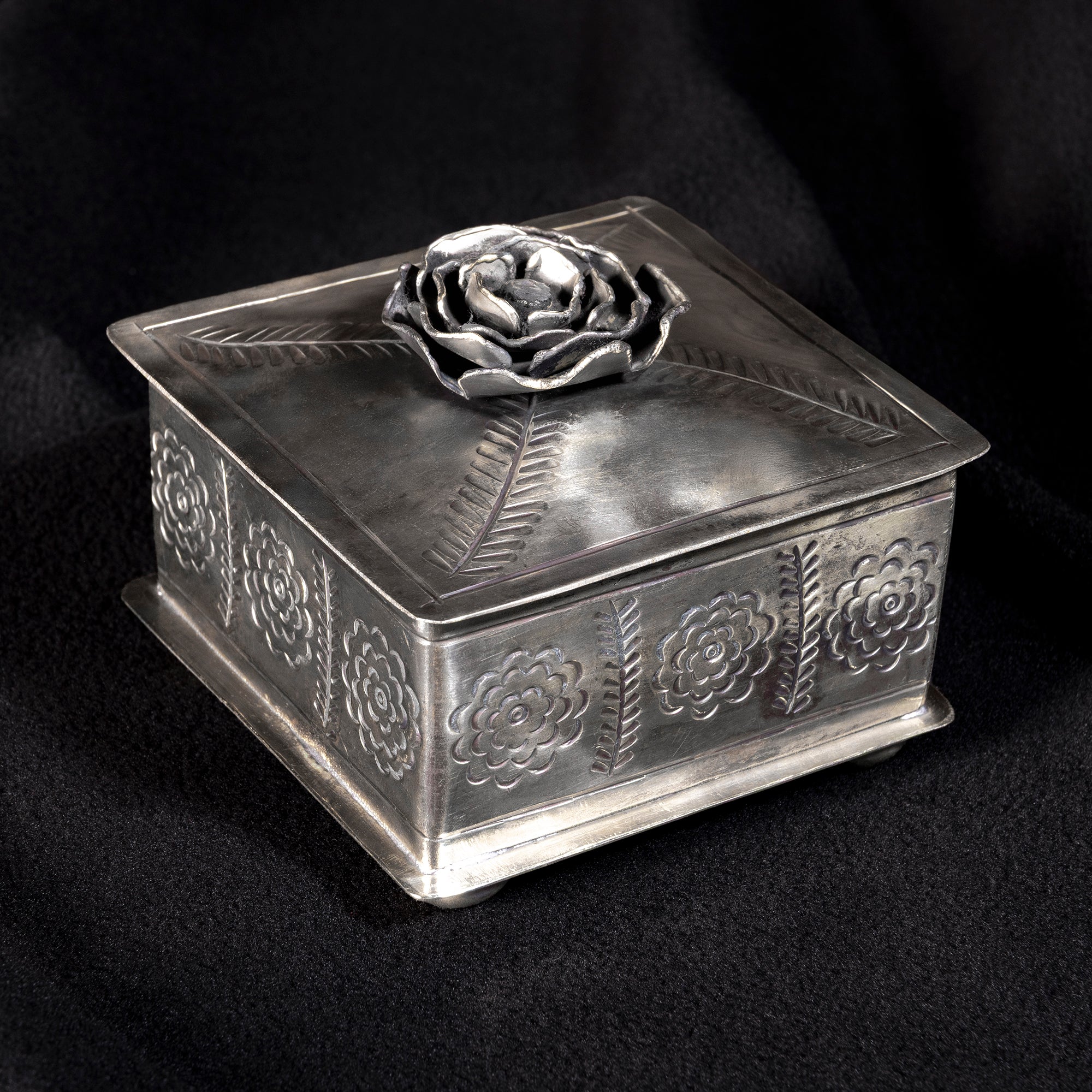 Handcrafted J. Alexander German silver keepsake box with sculpted rose lid and floral stampwork