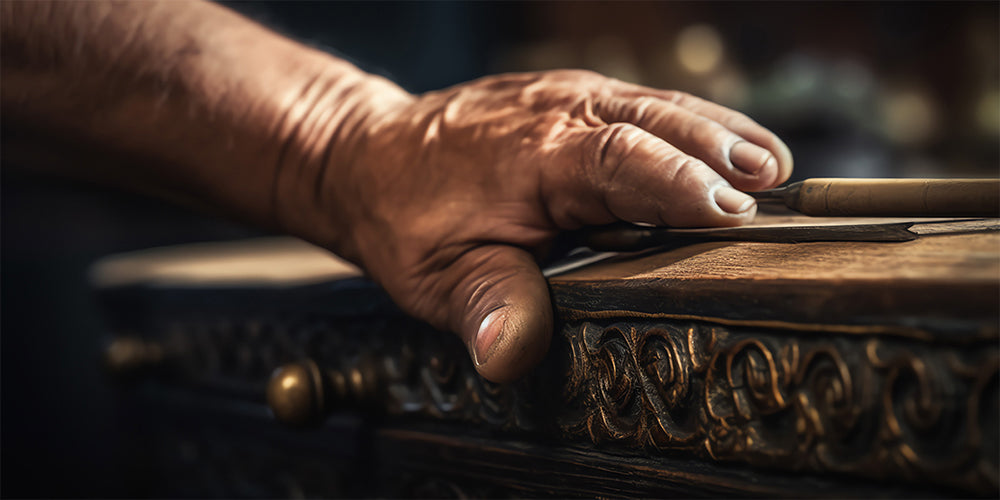 Into The West artisan hand-carving wood for handmade Western furniture, crafted with heirloom detail.