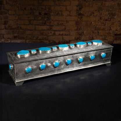 Large handcrafted J. Alexander German silver vault with turquoise cabochons and Western stampwork