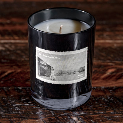 Tranquilo candle by Iron Collective — blend of vanilla, smoke, and bergamot in black glass vessel.