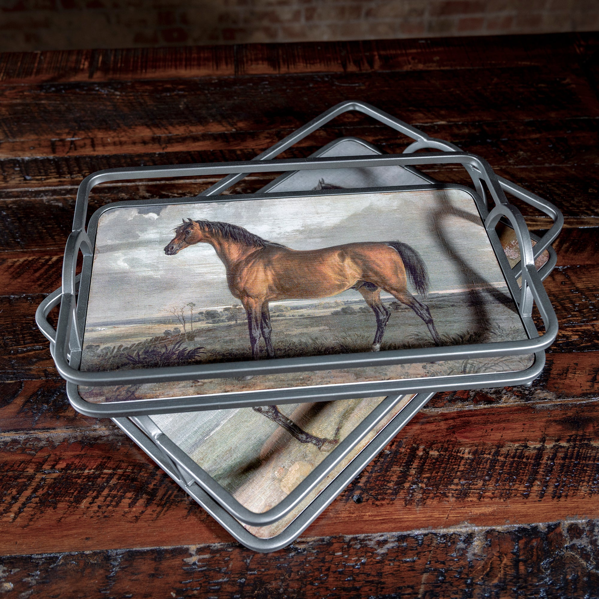 Horse illustration serving tray from Into The West — Western-style metal tray perfect for ranch or farmhouse entertaining.