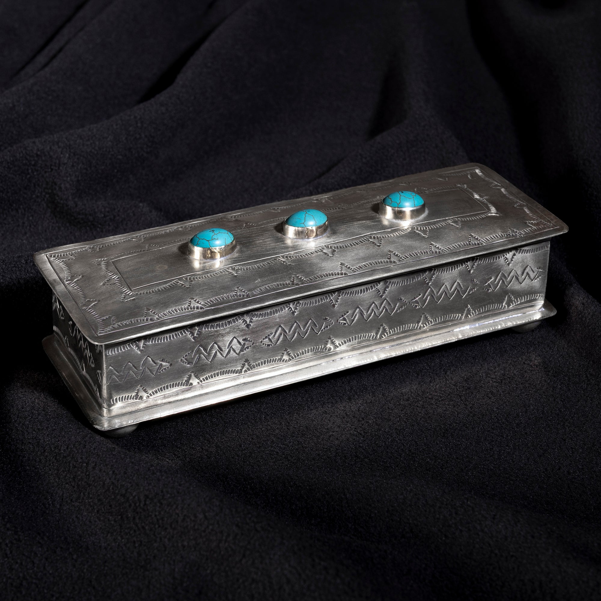 Handmade J. Alexander German silver eyeglass box with three turquoise cabochons and Western stamped detailing