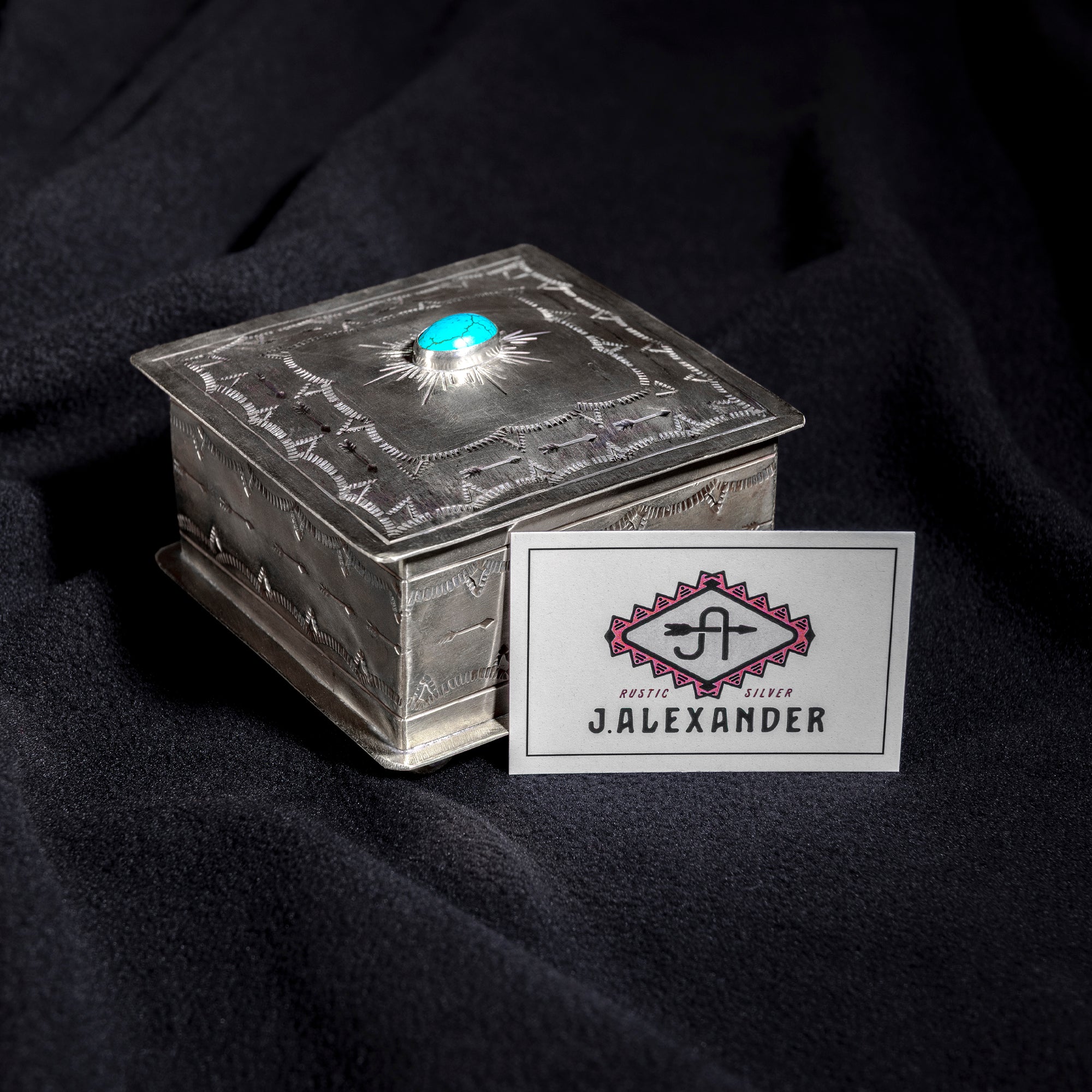 J. Alexander handmade silver sunburst box with maker’s card and turquoise centerpiece