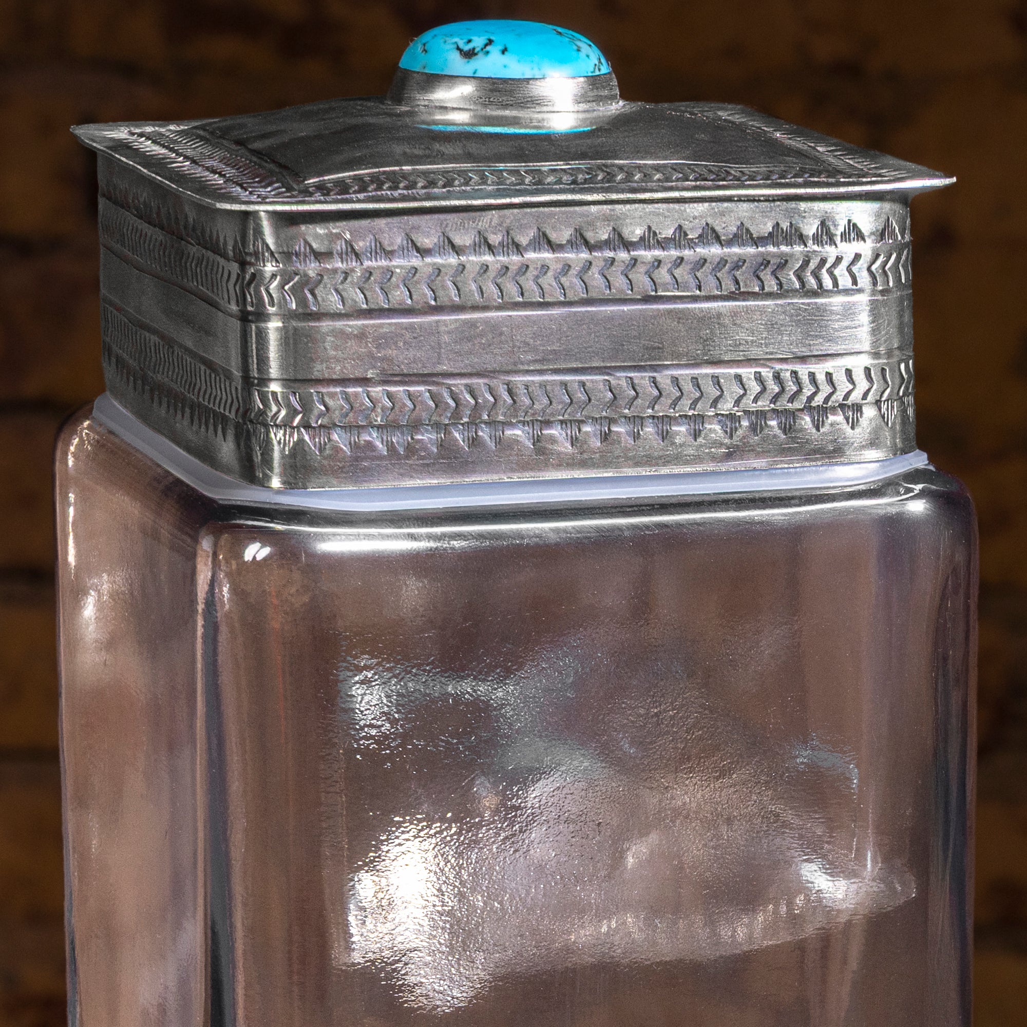 Turquoise cabochon detail on German silver lid of handmade J. Alexander glass decanter