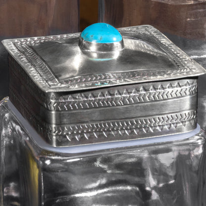 Top view of J. Alexander Sedona turquoise decanter set showing Western silver stampwork and turquoise tops