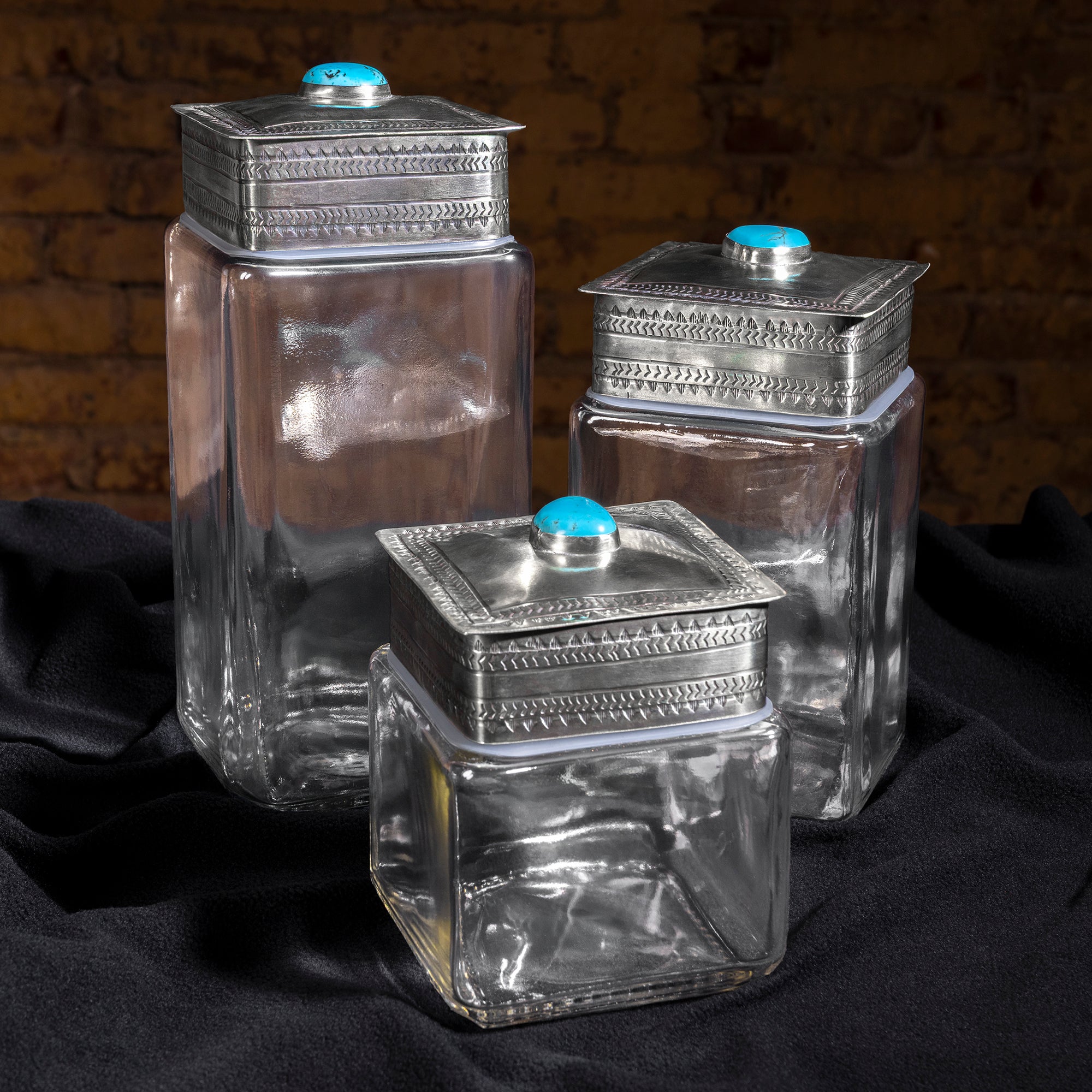 Handmade J. Alexander German silver and glass decanter set with turquoise cabochon lids
