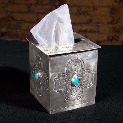 Handcrafted J. Alexander German silver tissue box cover with turquoise cabochons and floral tooling