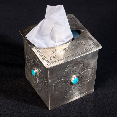 Top view of J. Alexander Sierra Bloom Tissue Box Cover showing turquoise detail and hand-stamped silverwork