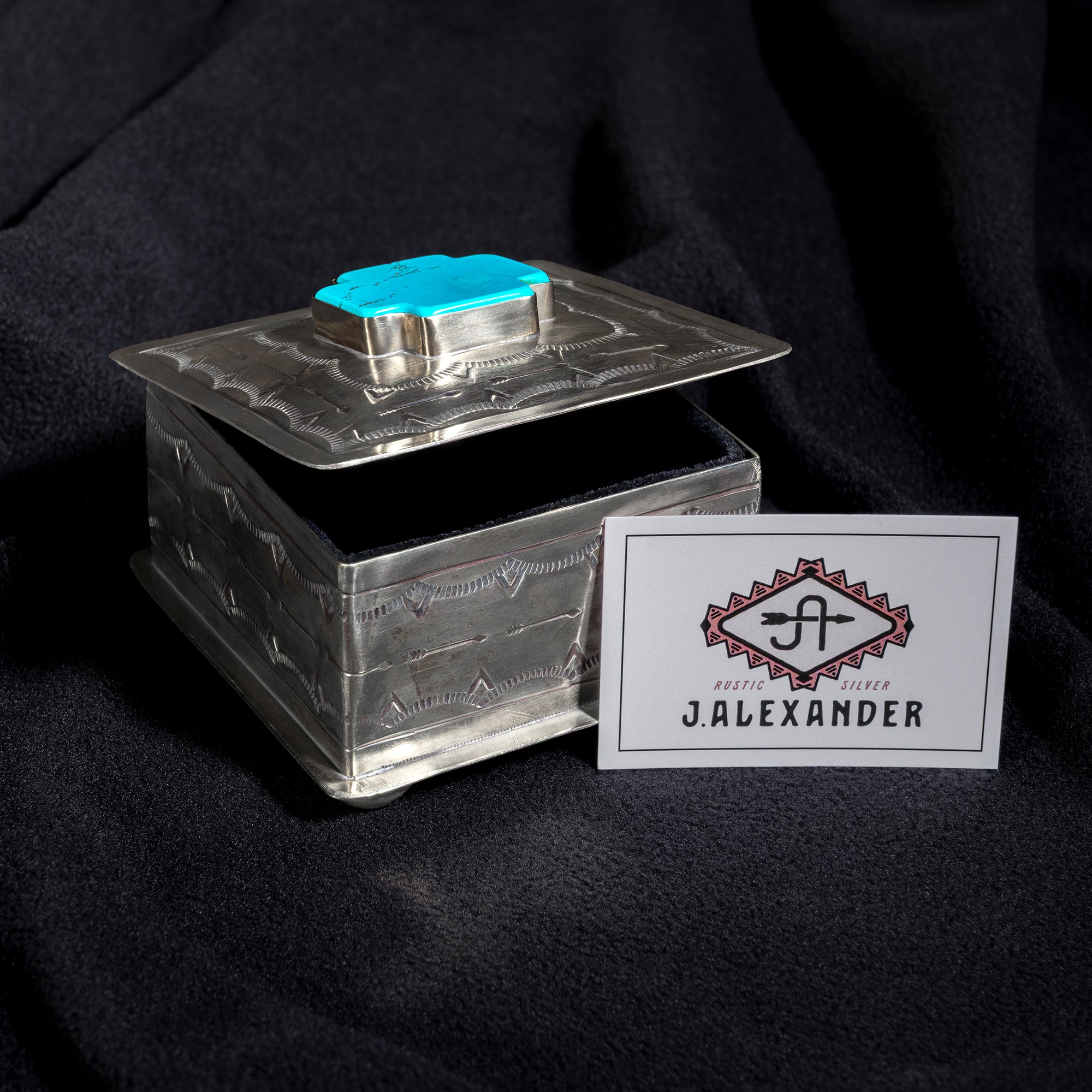 J. Alexander turquoise cross German silver box with maker’s card and Western stamped detailing