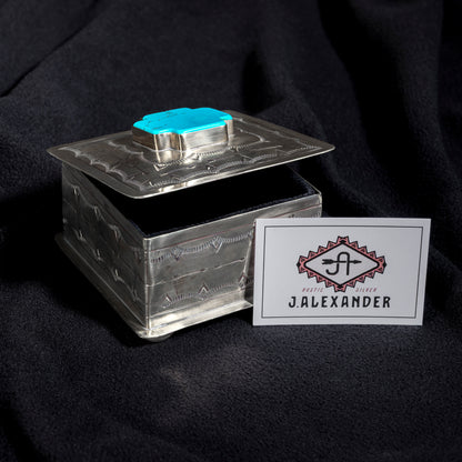 J. Alexander turquoise cross German silver box with maker’s card and Western stamped detailing
