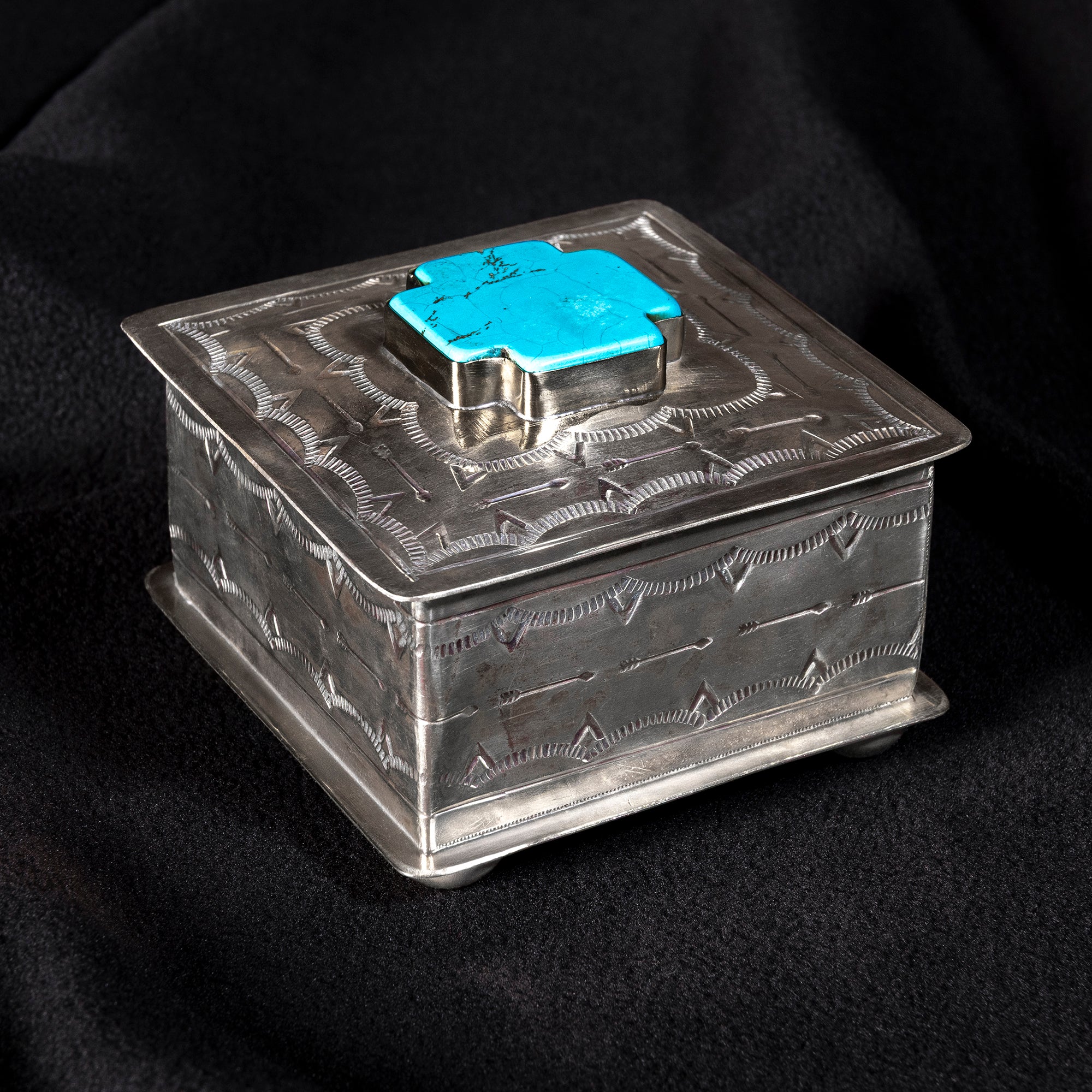 Handmade J. Alexander German silver heirloom box with turquoise cross centerpiece and hand-stamped Western pattern