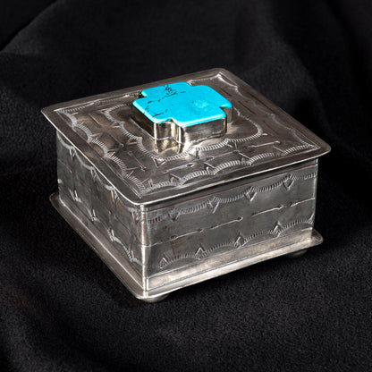 Handmade J. Alexander German silver heirloom box with turquoise cross centerpiece and hand-stamped Western pattern