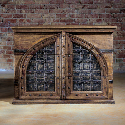 Hero view of the Cathedral Range Nightstand showing mango wood and iron arch design