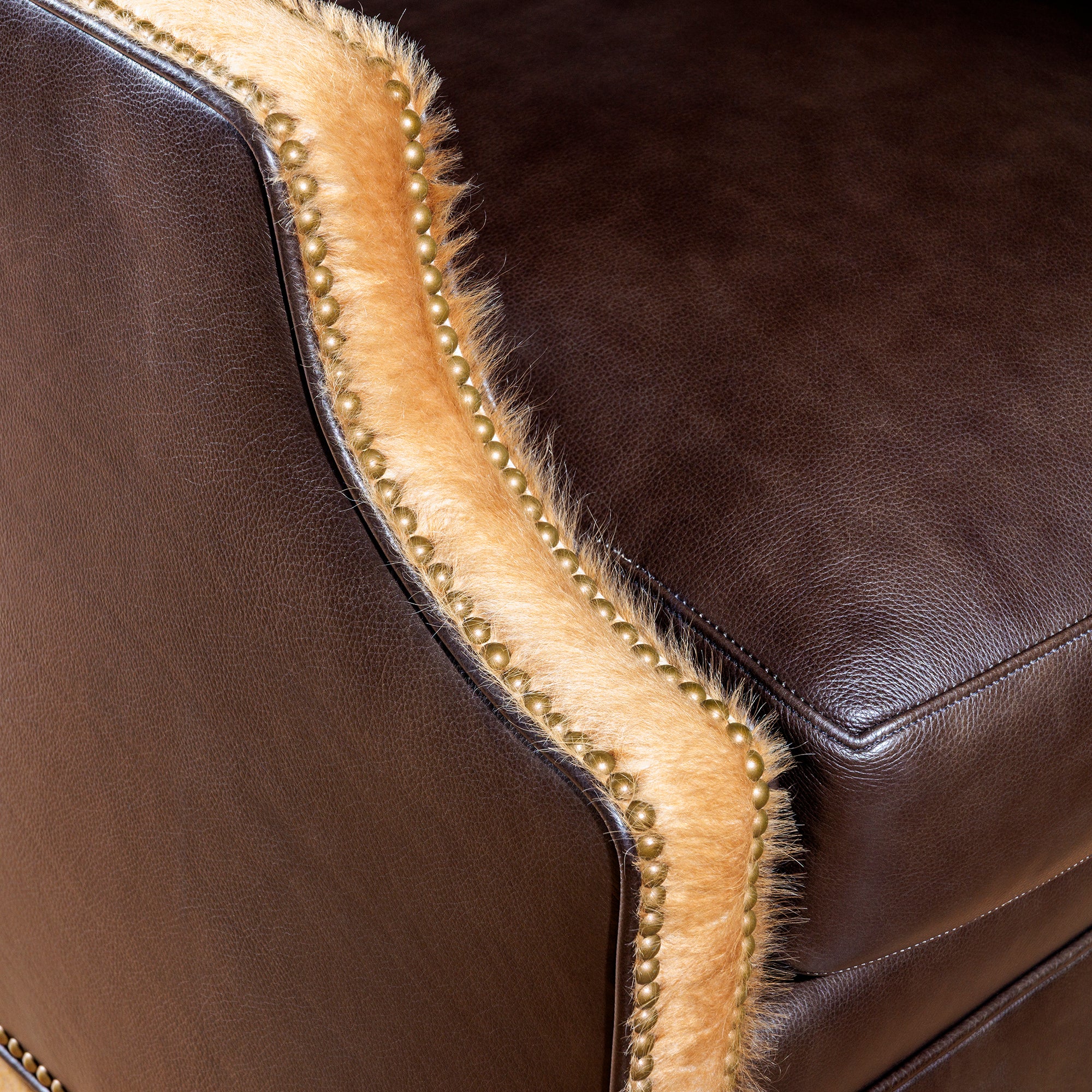 Nailhead trim and axis hide arm of Western chair