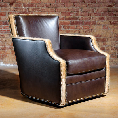 Handcrafted Western leather swivel chair with axis hide trim